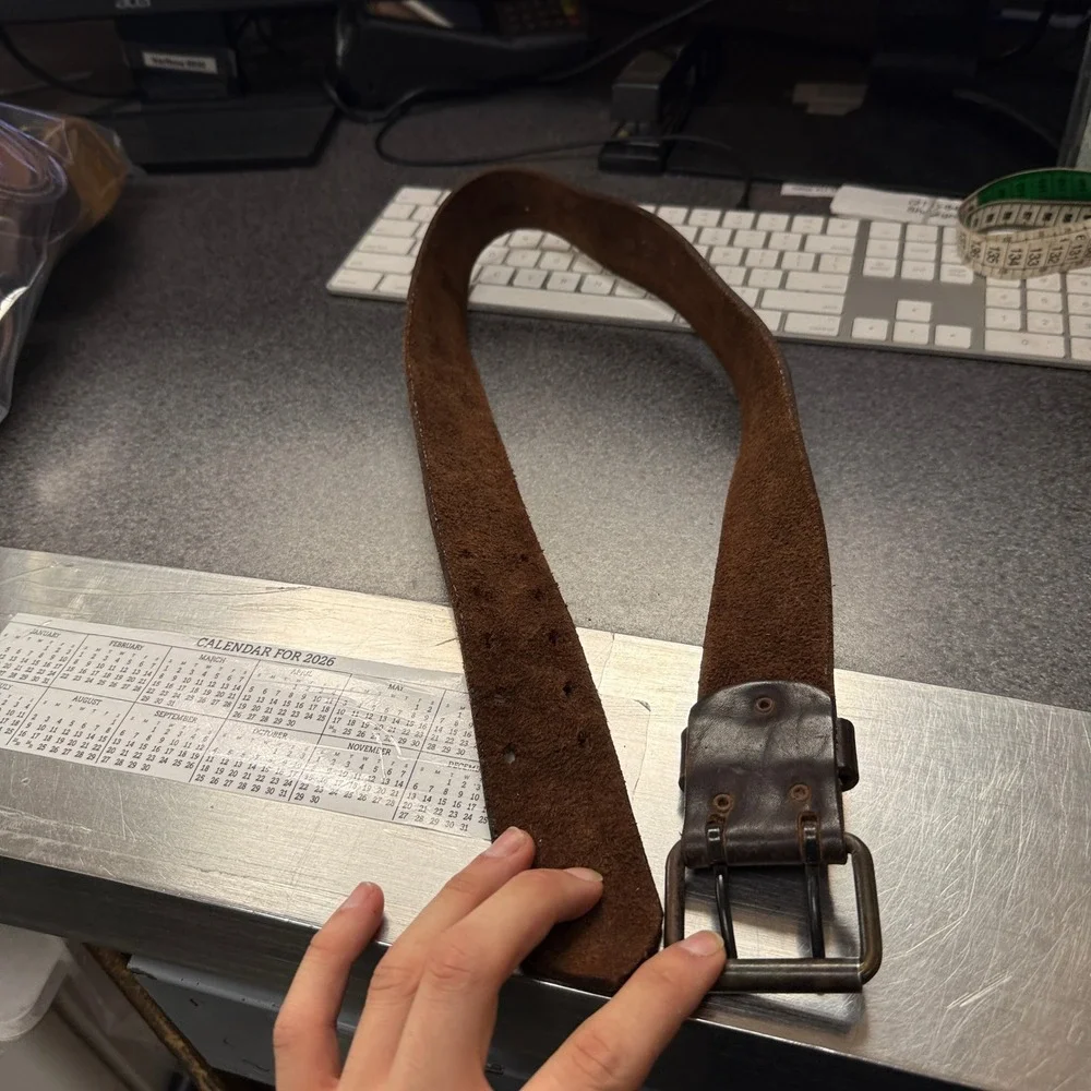Shag Leather Belt Mens 30 Brown Good Double Prong Distressed Wide Heavy Duty